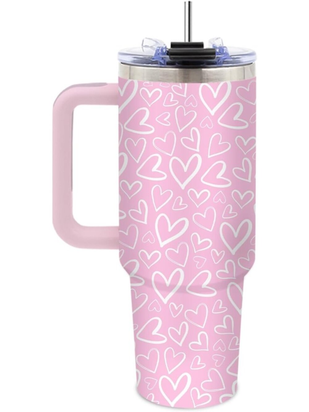 Pink Heart 40oz Tumbler with Handle & Straw - Perfect Gift for Women